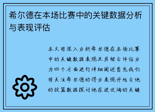 希尔德在本场比赛中的关键数据分析与表现评估