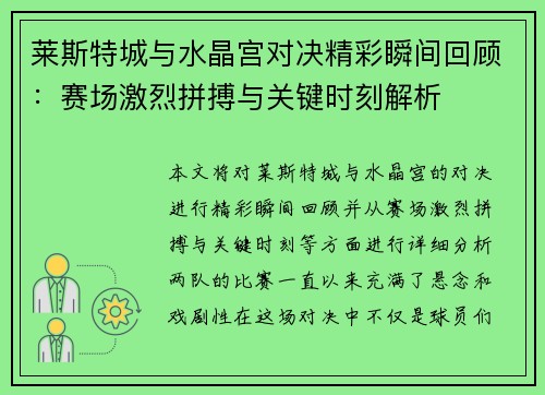 莱斯特城与水晶宫对决精彩瞬间回顾：赛场激烈拼搏与关键时刻解析