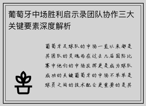 葡萄牙中场胜利启示录团队协作三大关键要素深度解析